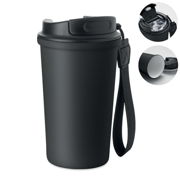 NAKANO - Vaso de acero reciclado 400 ml en color negro con tapa y asa