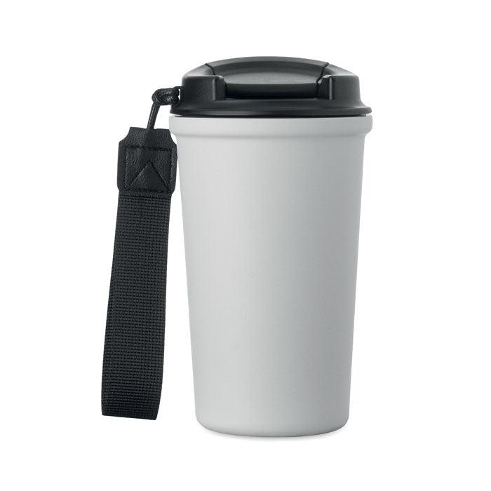 NAKANO - Vaso de acero reciclado 400 ml con tapa negra y asa, ideal para bebidas calientes y frías.