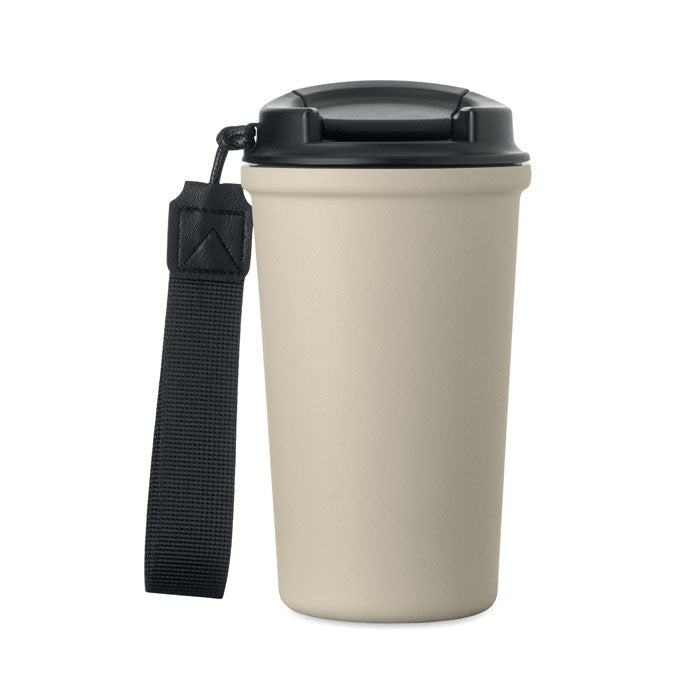 NAKANO - Vaso de acero reciclado 400 ml con tapa y asa de transporte, color crema