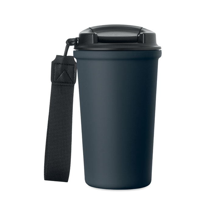 NAKANO - Vaso de acero reciclado 400 ml en color negro con tapa y asa de transporte.