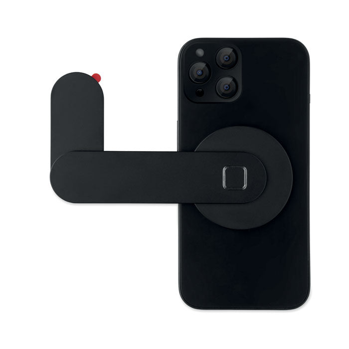 SCREENTACH - Soporte magnético p/teléfono sobre un smartphone negro, mostrando su diseño elegante y funcional.