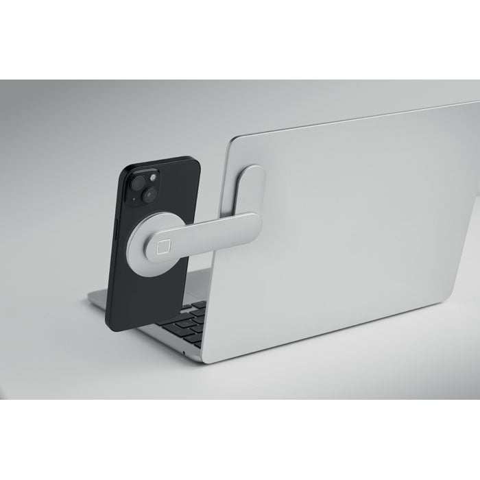 SCREENTACH - Soporte magnético p/teléfono montado en un laptop con un teléfono móvil.