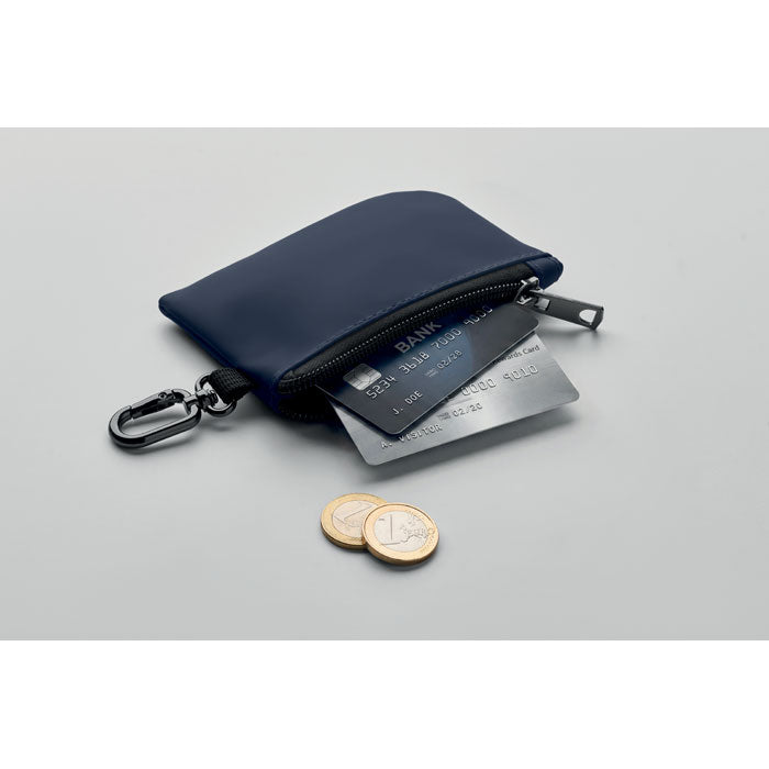 GUARDO - Cartera llavero PU y mosquetón con cremallera y monedas sobre fondo gris.