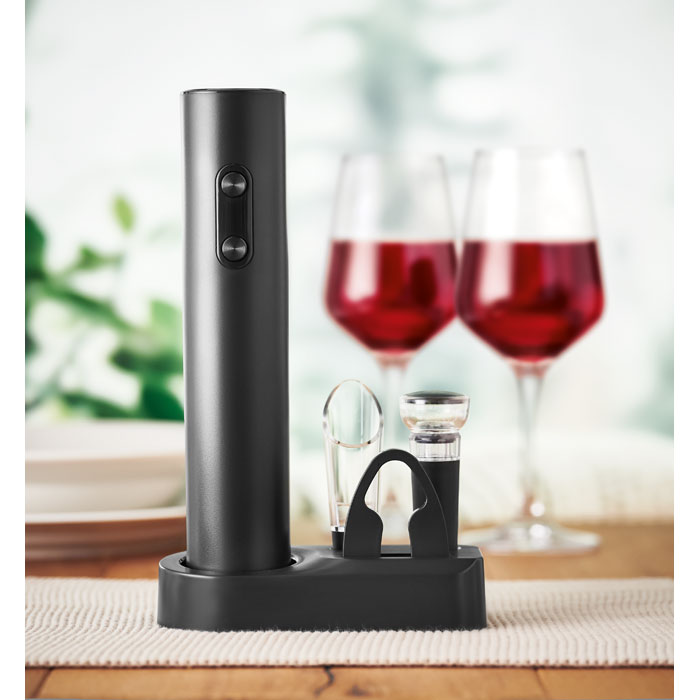 VINO SET - Set abridor de vino eléctrico con base de almacenamiento y copas de vino de fondo.