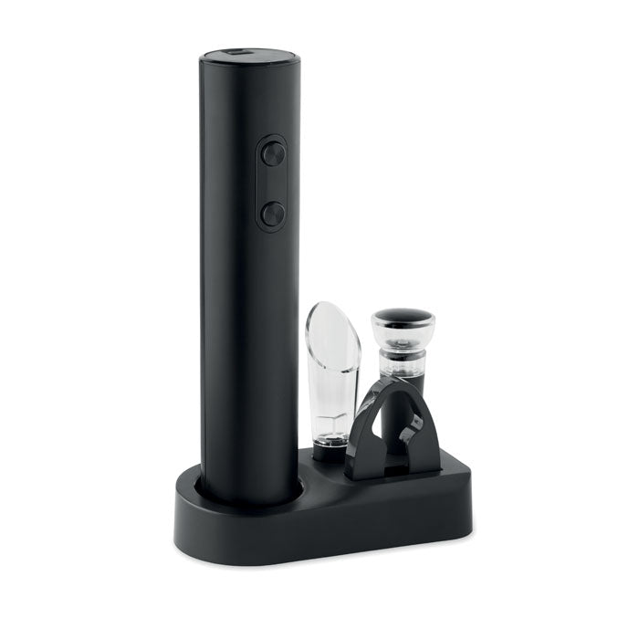 VINO SET - Set abridor de vino eléctrico con base de almacenamiento y accesorios en color negro.