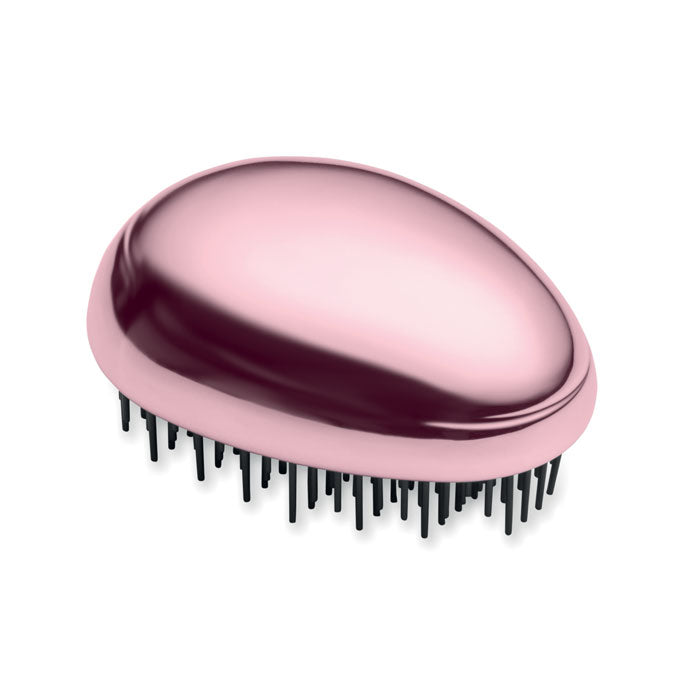 Cepillo antienredos para cabello en color rosa con diseño ergonómico y cerdas flexibles para desenredar suavemente.