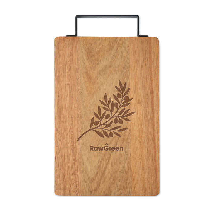 ASTA - Tablero acacia con asa acero, tabla de cortar de madera con diseño de hoja y asa de acero inoxidable.