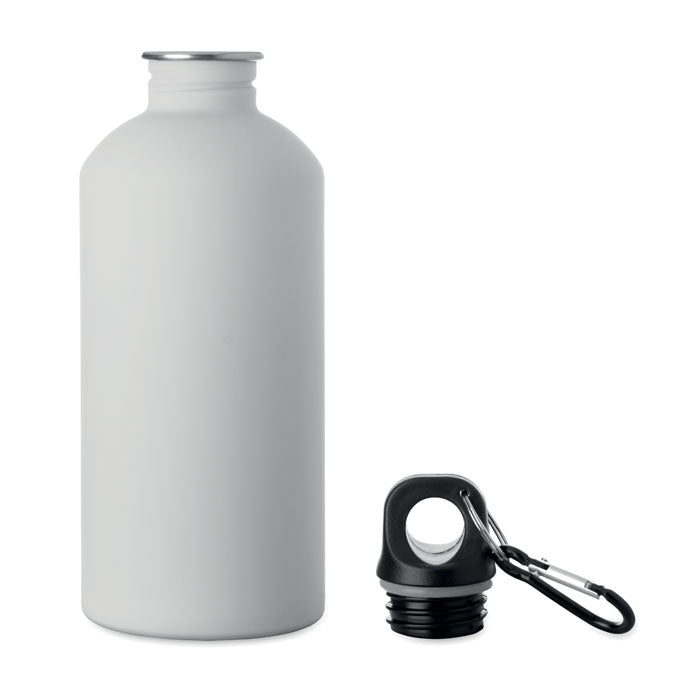 Botella pared acero inoxidable 500 ml color blanco con tapa y mosquetón de aluminio para hidratación sostenible.