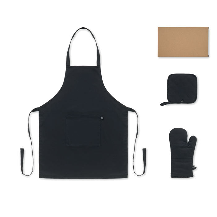 GALA SET - Set cocina algodón reciclado que incluye delantal, manopla y agarrador en algodón reciclado.
