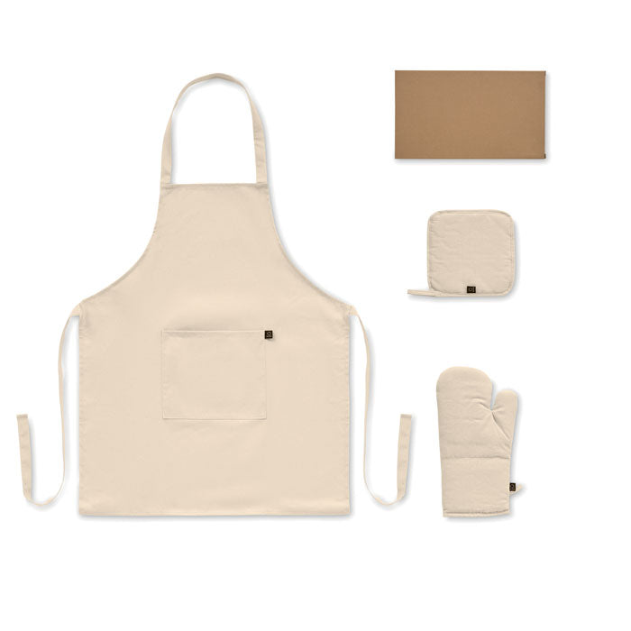 GALA SET - Set cocina algodón reciclado incluye delantal, manopla y agarrador en algodón reciclado.