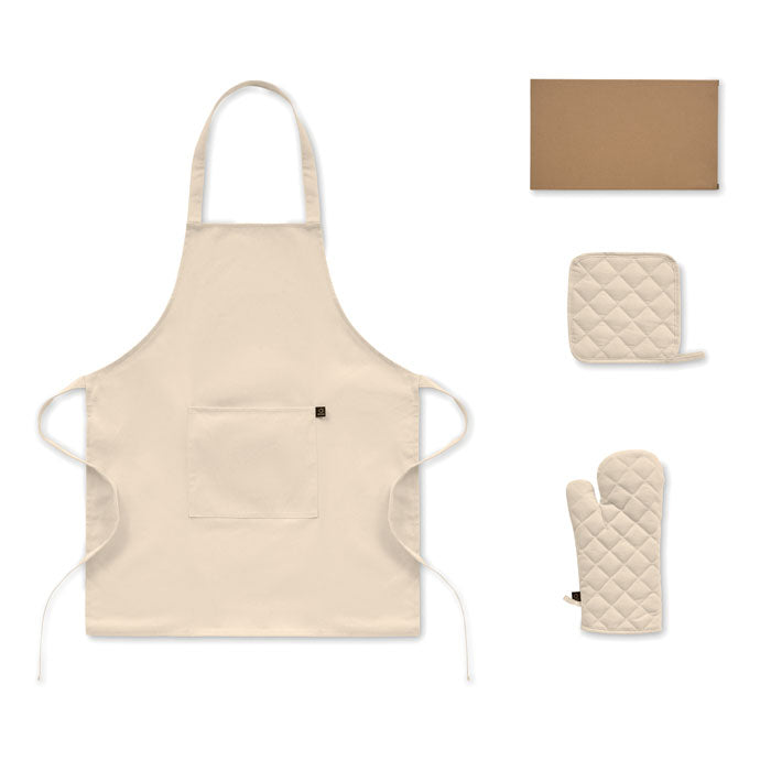 GALA SET - Set cocina algodón reciclado que incluye delantal, manopla y agarrador en color crema.