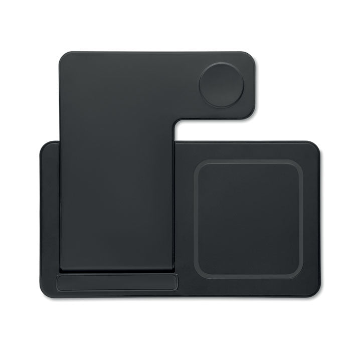 DOCK3 - Cargador plegable 3 en 1 15 W en color negro, diseño compacto con soporte para dispositivos.