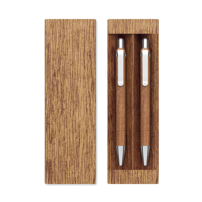 JAKARTA SET - Set de madera de acacia con bolígrafo y portaminas en caja de papel efecto madera.