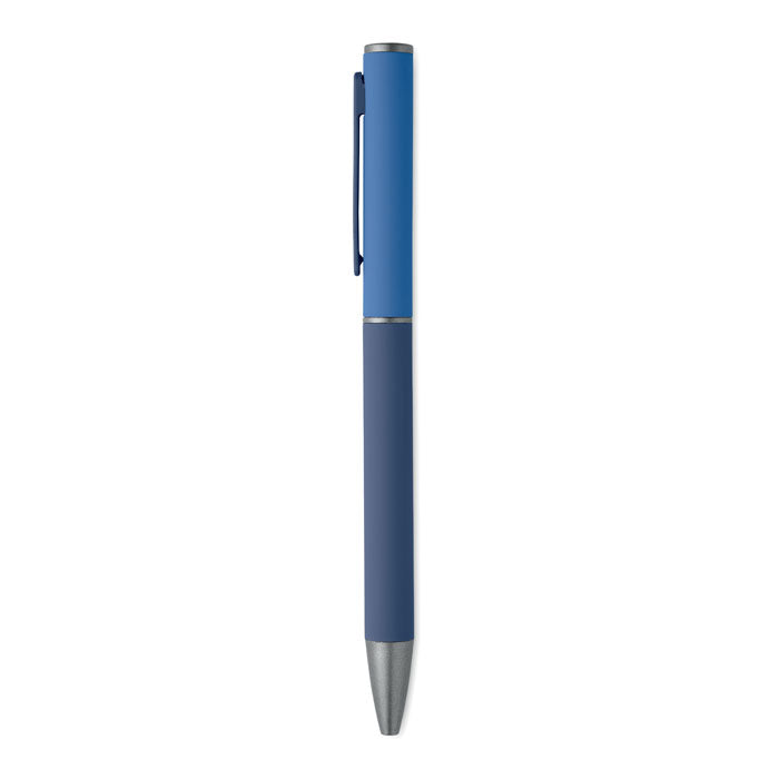 FILLAN - Bolígrafo aluminio reciclado en color azul con acabado engomado y clip a juego.