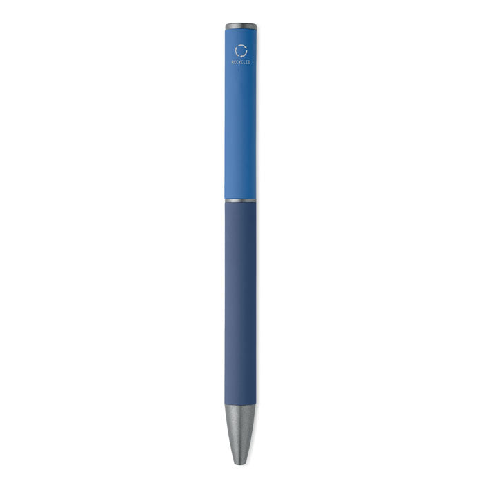 FILLAN - Bolígrafo aluminio reciclado en tonos azules, con acabado engomado y diseño giratorio.