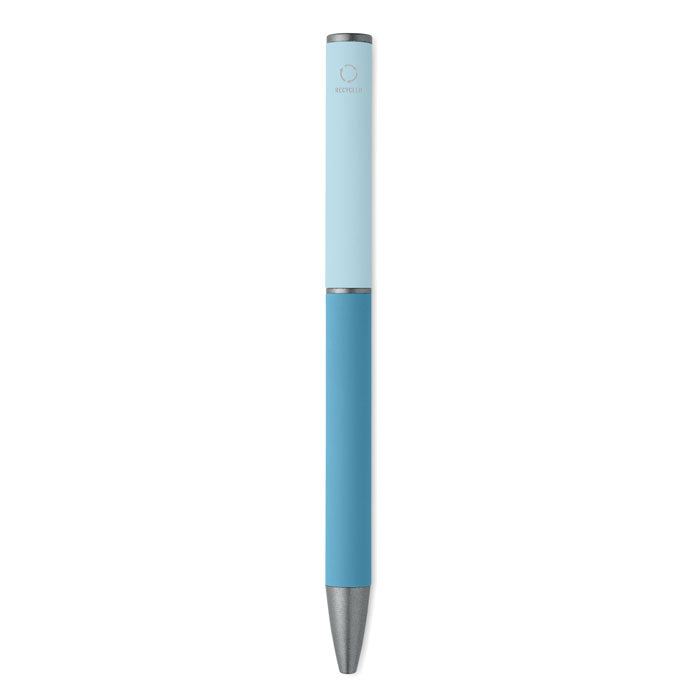 FILLAN - Bolígrafo aluminio reciclado en color azul, diseño elegante con acabado engomado y clip a juego.