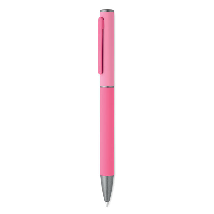 FILLAN - Bolígrafo aluminio reciclado en color rosa con clip a juego y acabado engomado.
