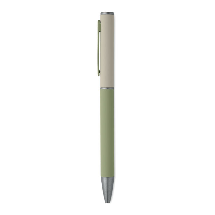 FILLAN - Bolígrafo aluminio reciclado, bolígrafo giratorio con acabado engomado en colores verde y beige.