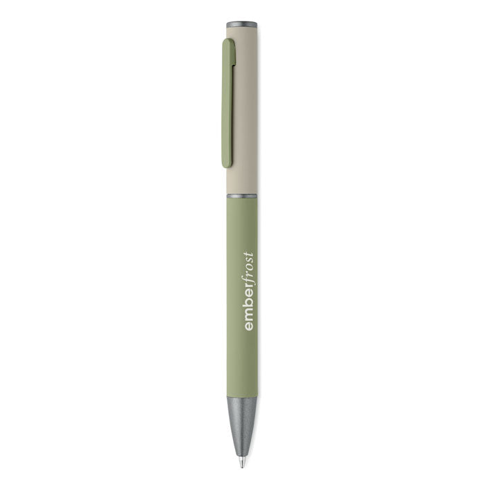FILLAN - Bolígrafo aluminio reciclado, bolígrafo giratorio en color verde con clip y acabado engomado.