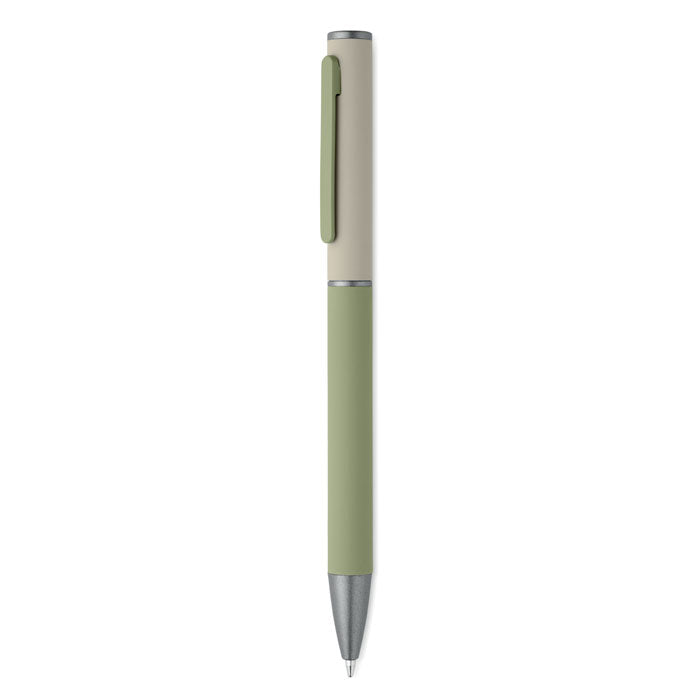 FILLAN - Bolígrafo aluminio reciclado en color verde y beige, con acabado engomado y clip a juego.