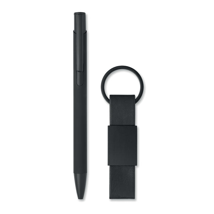 ESCRI SET - Bolígrafo y llavero de PU, set de regalo con bolígrafo negro y llavero de PU.