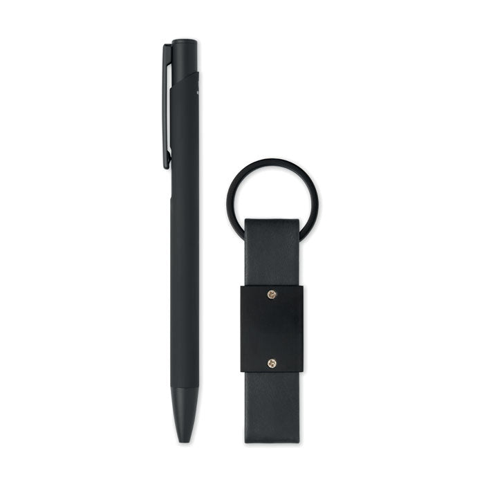 ESCRI SET - Bolígrafo y llavero de PU en color negro, set de regalo elegante y funcional.