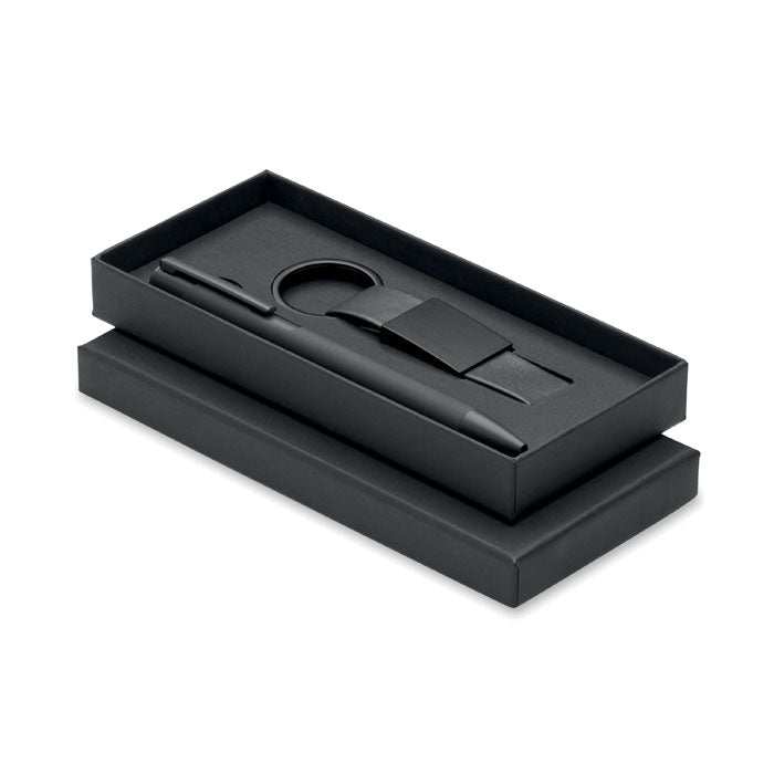 ESCRI SET - Bolígrafo y llavero de PU en elegante caja de regalo negra.