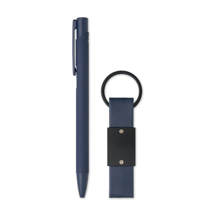 ESCRI SET - Bolígrafo y llavero de PU, bolígrafo de aluminio reciclado y llavero de PU en color azul.
