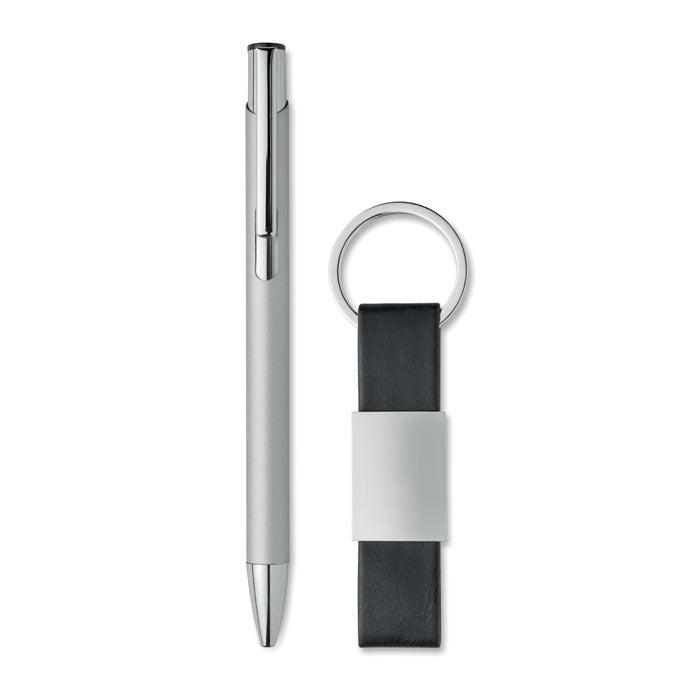 ESCRI SET - Bolígrafo y llavero de PU, set de regalo con bolígrafo de aluminio reciclado y llavero de PU.