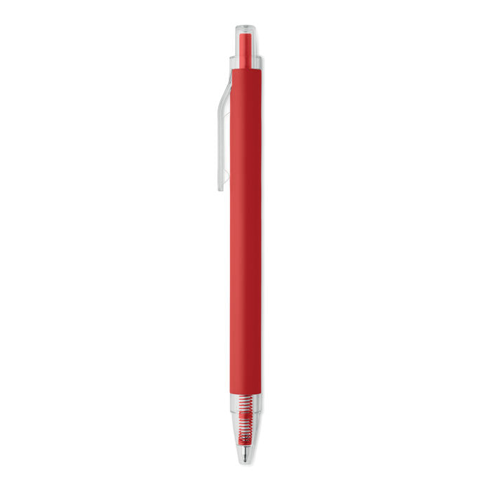 NOSTA - Bolígrafo aluminio reciclado en color rojo, diseño moderno con acabados en plata y tinta azul.