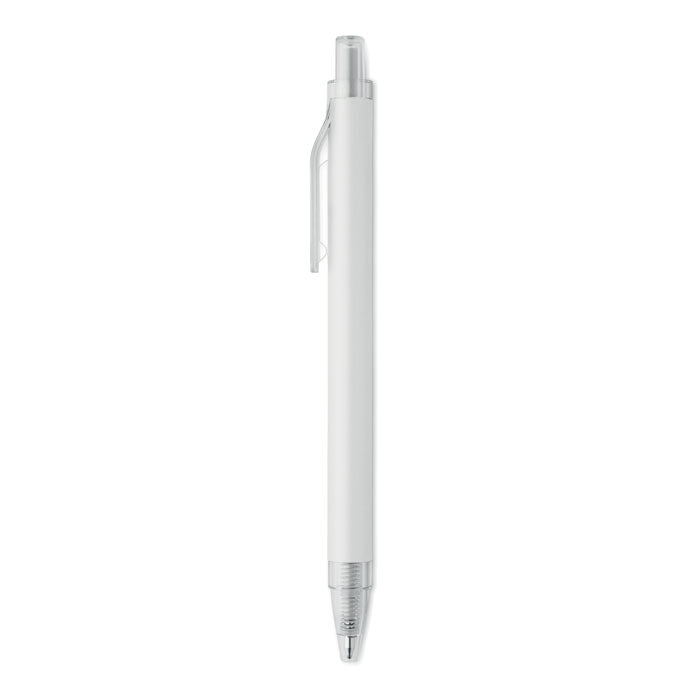 NOSTA - Bolígrafo aluminio reciclado de color blanco con clip y pulsador, diseño elegante y moderno.