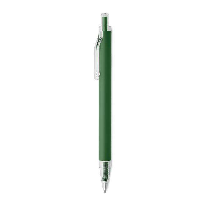 NOSTA - Bolígrafo aluminio reciclado en color verde con clip transparente y diseño moderno.