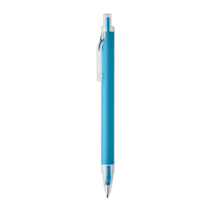 NOSTA - Bolígrafo aluminio reciclado en color azul mate con clip transparente y pulsador elegante.