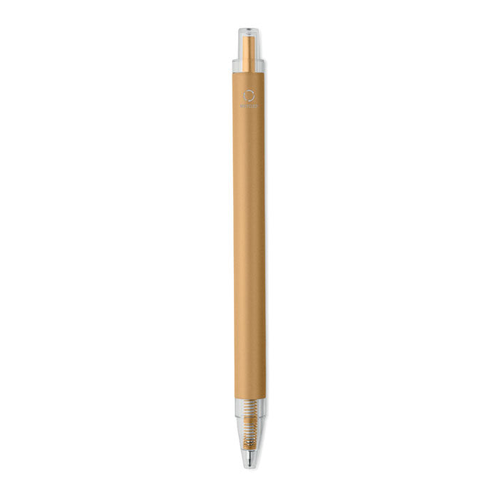 NOSTA - Bolígrafo aluminio reciclado en color dorado mate con detalle en plata, diseño moderno y elegante.
