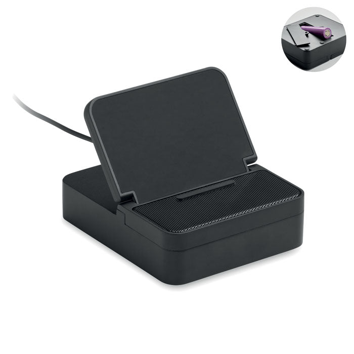 CHARGEBEAT - Altavoz y cargador de 15 W, altavoz inalámbrico negro con cargador y soporte para móvil.