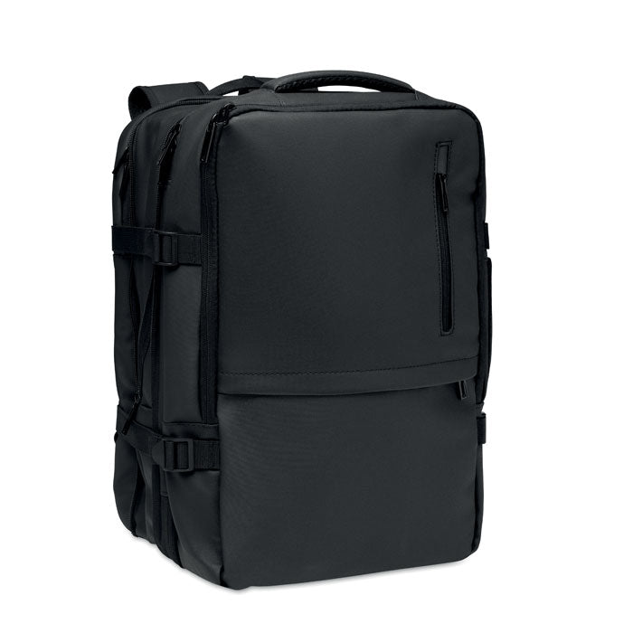 XJUST - Mochila extensible RPET 20L en color negro con múltiples compartimentos y diseño funcional.