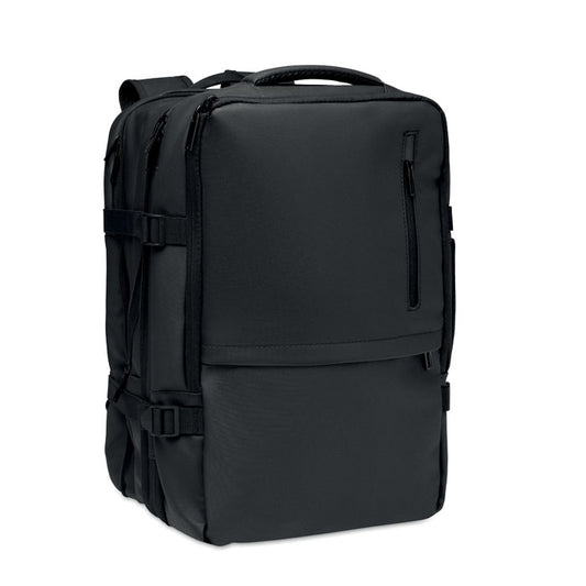 Mochila extensible RPET 20L portátil color negro con múltiples compartimentos y bolsillos frontales.