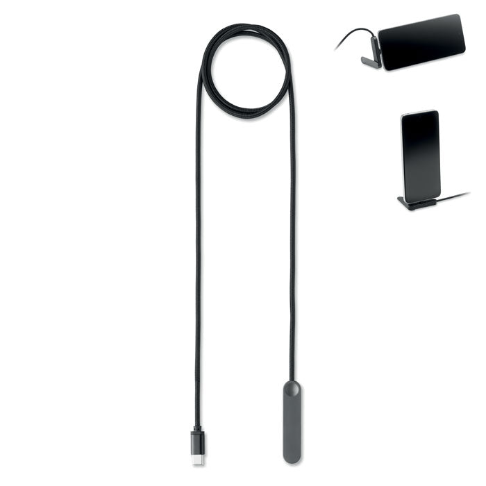 NIFTY - Cable USB-C 60W con soporte, cable negro de 1m con soporte integrado para móvil y transferencia de datos.
