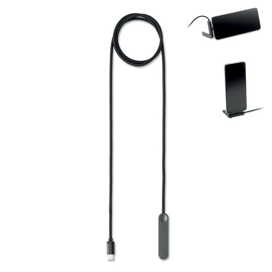 NIFTY - Cable USB-C 60W con soporte, cable negro de 1m con soporte integrado para móvil y transferencia de datos.