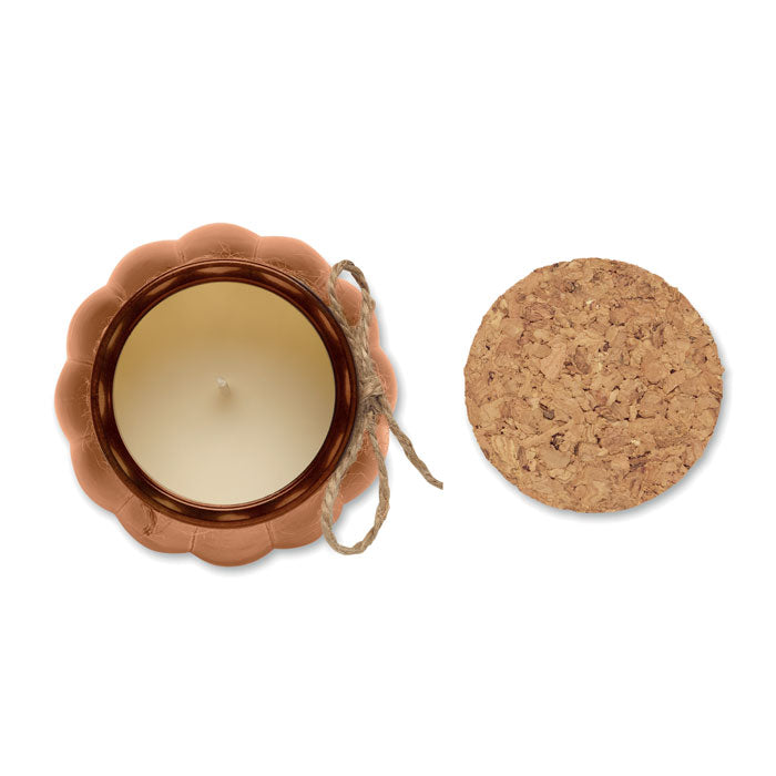 PUMKIN - Vela cera vegetal de vainilla en portavelas de vidrio con tapa de corcho y cinta de yute.