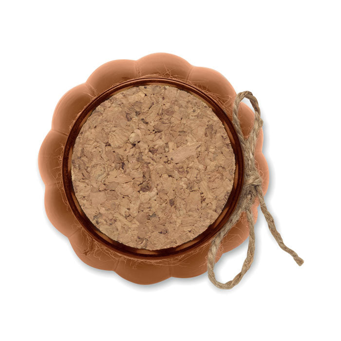PUMKIN - Vela cera vegetal de vainilla en portavelas de vidrio con tapa de corcho y cinta de yute.