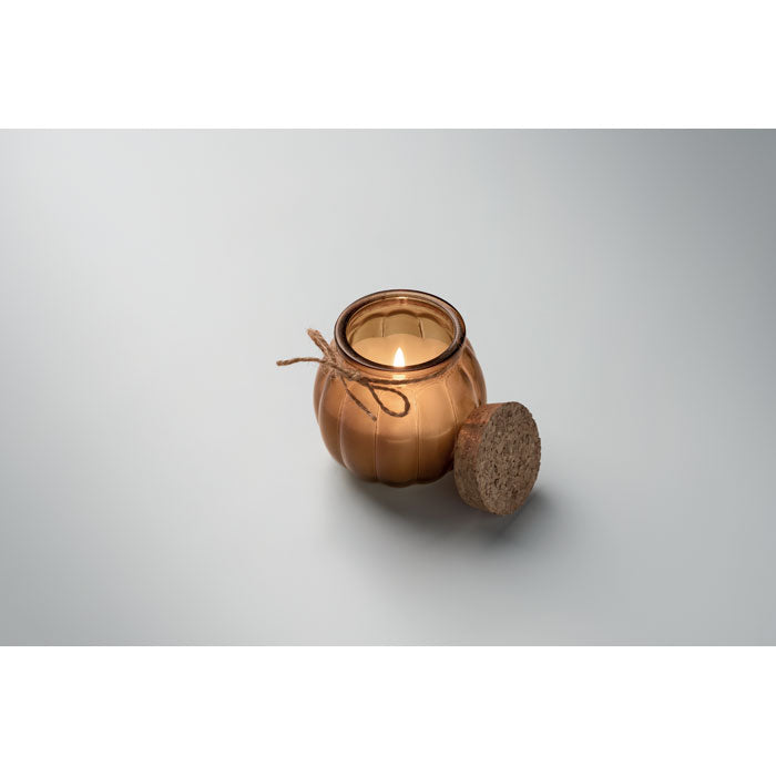 PUMKIN - Vela cera vegetal de vainilla en recipiente de vidrio con tapa de corcho y cinta de yute.