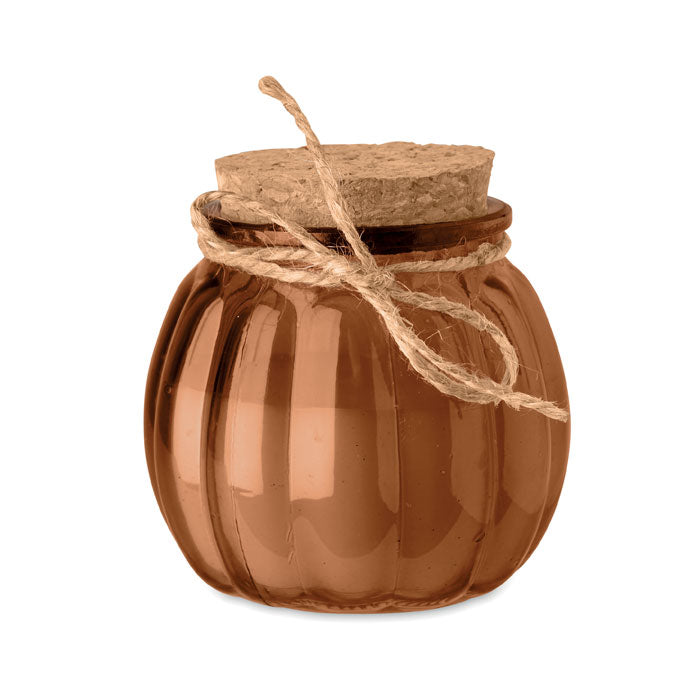 PUMKIN - Vela cera vegetal de vainilla en portavelas de vidrio con tapa de corcho y cinta de yute.