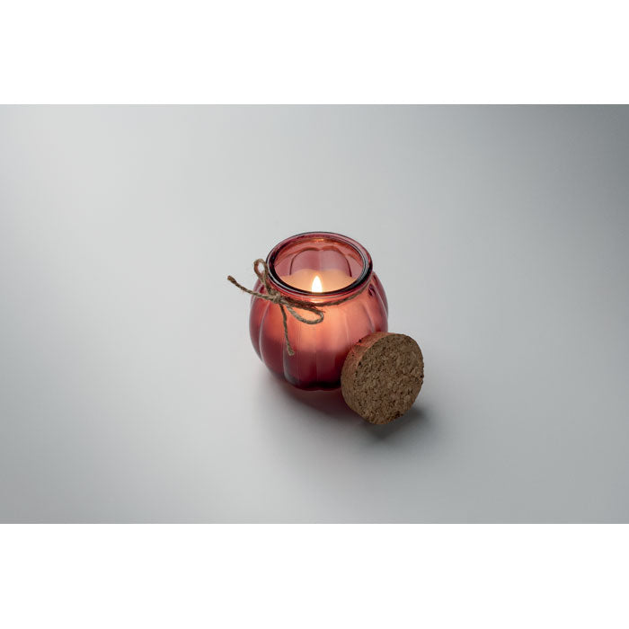 PUMKIN - Vela cera vegetal de vainilla en portavelas de vidrio con tapa de corcho y cinta de yute.