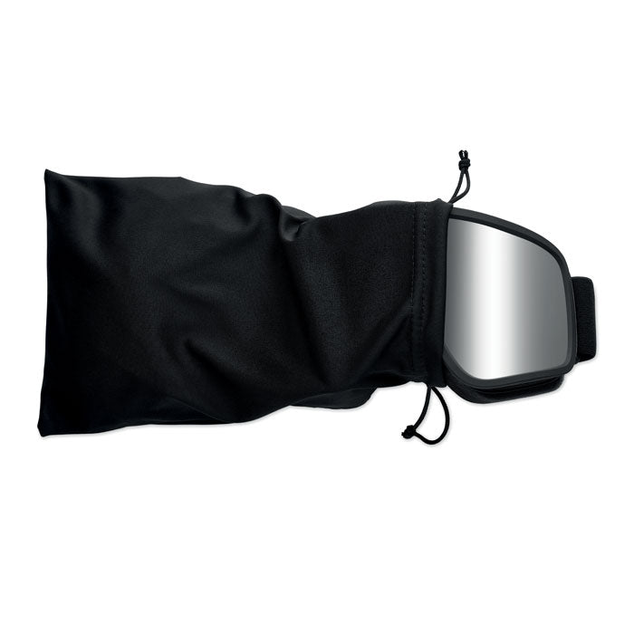 NISEKO - Gafas de esquí UV400 guardadas en su funda negra con cordón, preparadas para usar en la montaña.