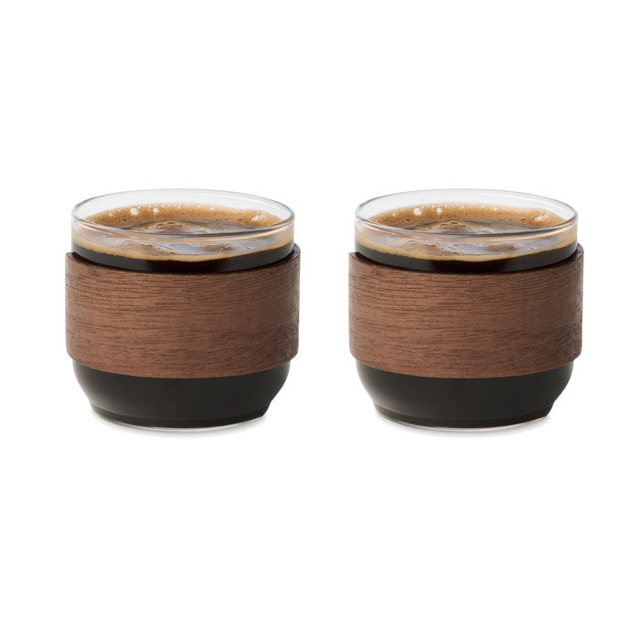 BOGOTA SET - Set vasos café banda de nogal: dos tazas de vidrio con banda de madera de nogal para café.