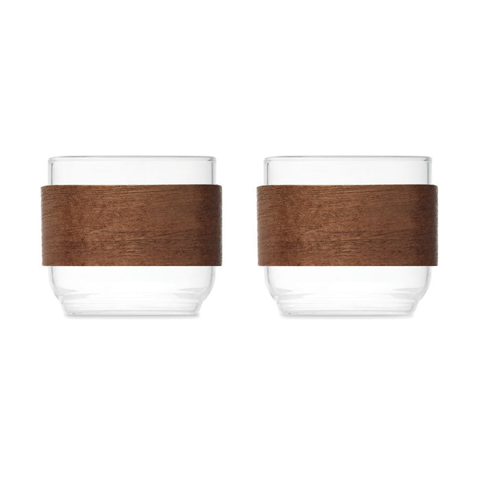 BOGOTA SET - Set vasos café banda de nogal - Dos tazas de vidrio con banda de madera de nogal para café.