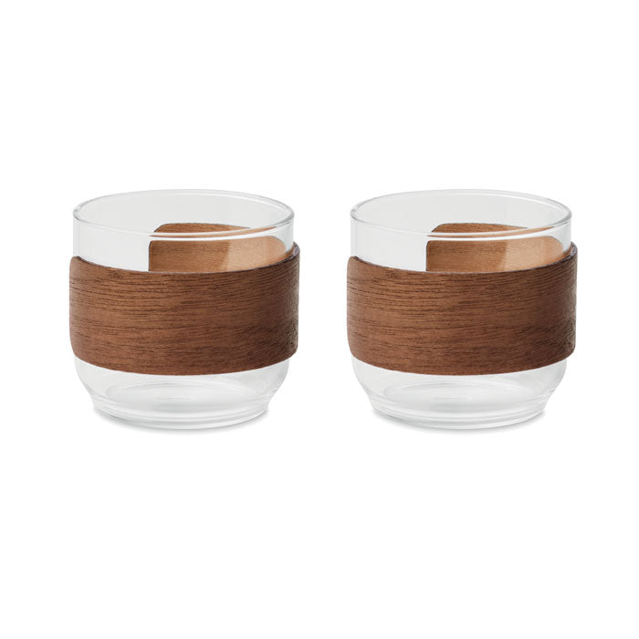 BOGOTA SET - Set vasos café banda de nogal, set de 2 tazas de café en vidrio con banda de madera de nogal.