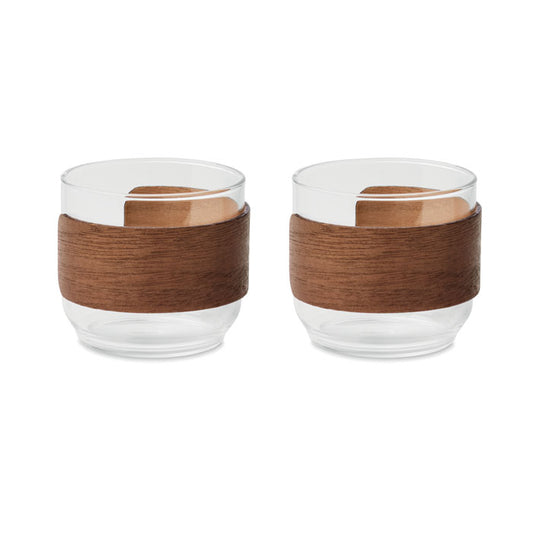 BOGOTA SET - Set vasos café banda de nogal, set de 2 tazas de café en vidrio con banda de madera de nogal.