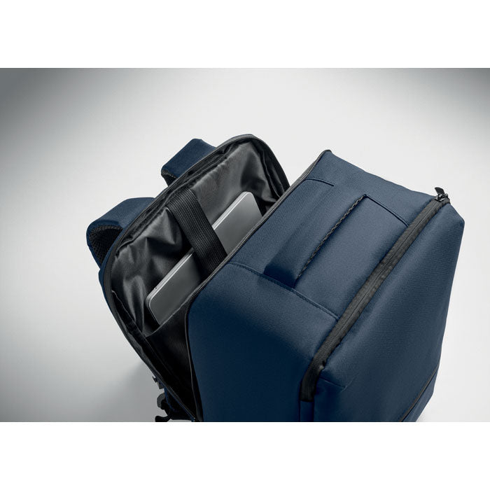 CITYFLOW - Mochila RPET y bolsa vacío 18L, vista superior mostrando un portátil dentro de la mochila.
